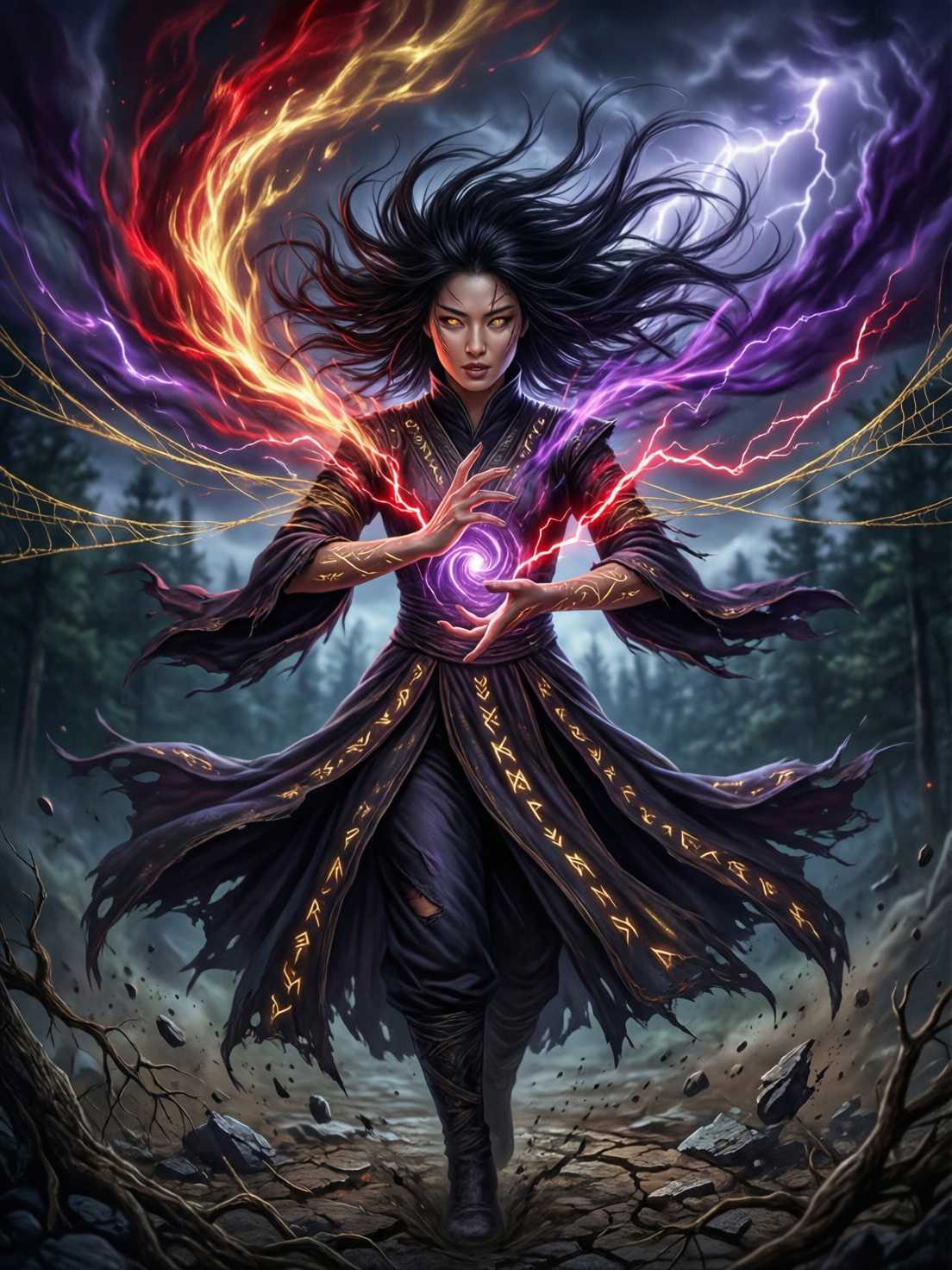 Powerful sorceress casting a spell