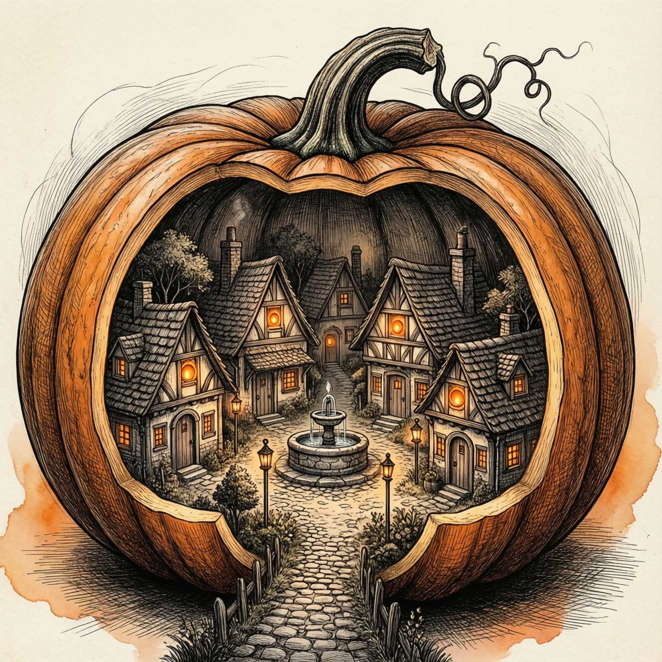 whimsical village inside a giant Pumpkin