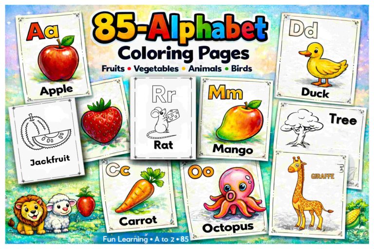 85-Page Alphabet Coloring Book for Kids – A to Z Fun with Fruits, Animals & More! (Instant PDF Download)